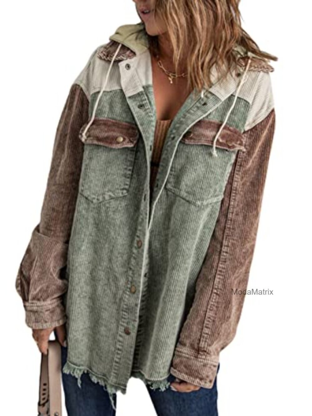 Corduroy Shacket Jacket Long Sleeve Button Down Hooded Coat with Pockets